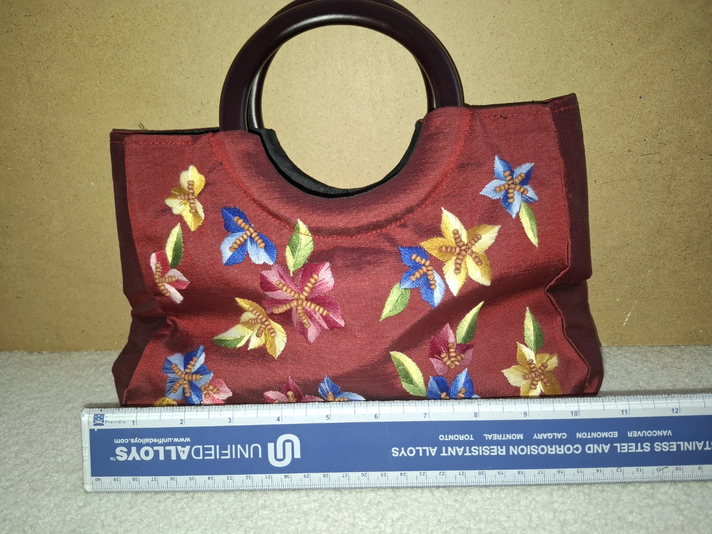 Embroidered Red Handbag with Wooden Handles