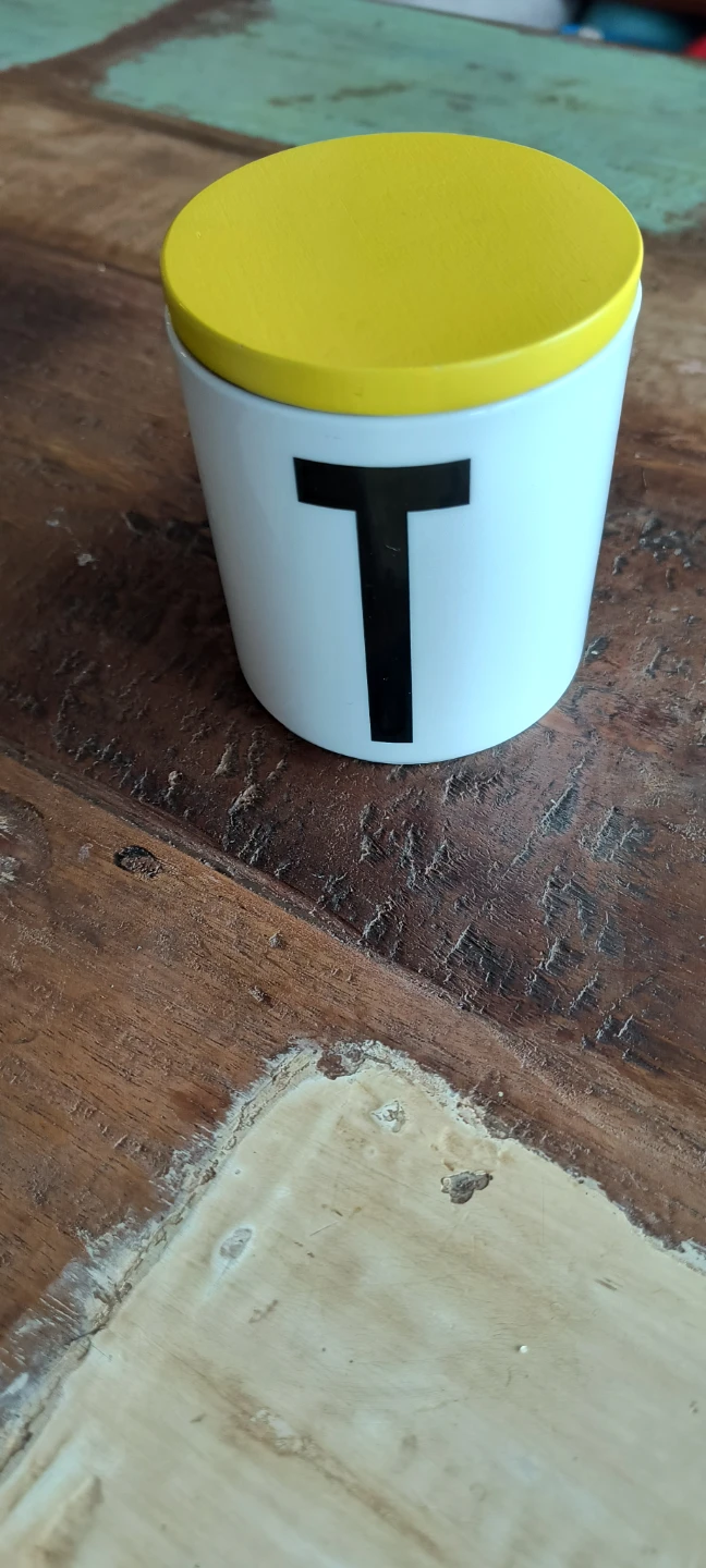 White canister with "T" and yellow lid - photo 2