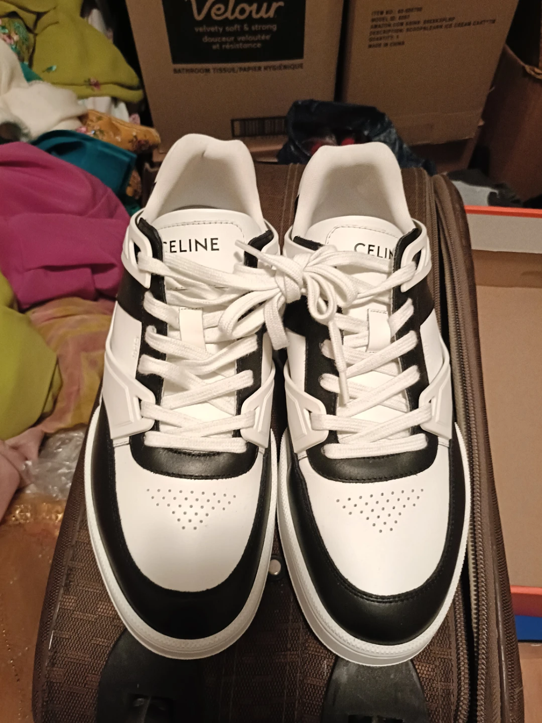 CELINE White and Black Leather Sneakers