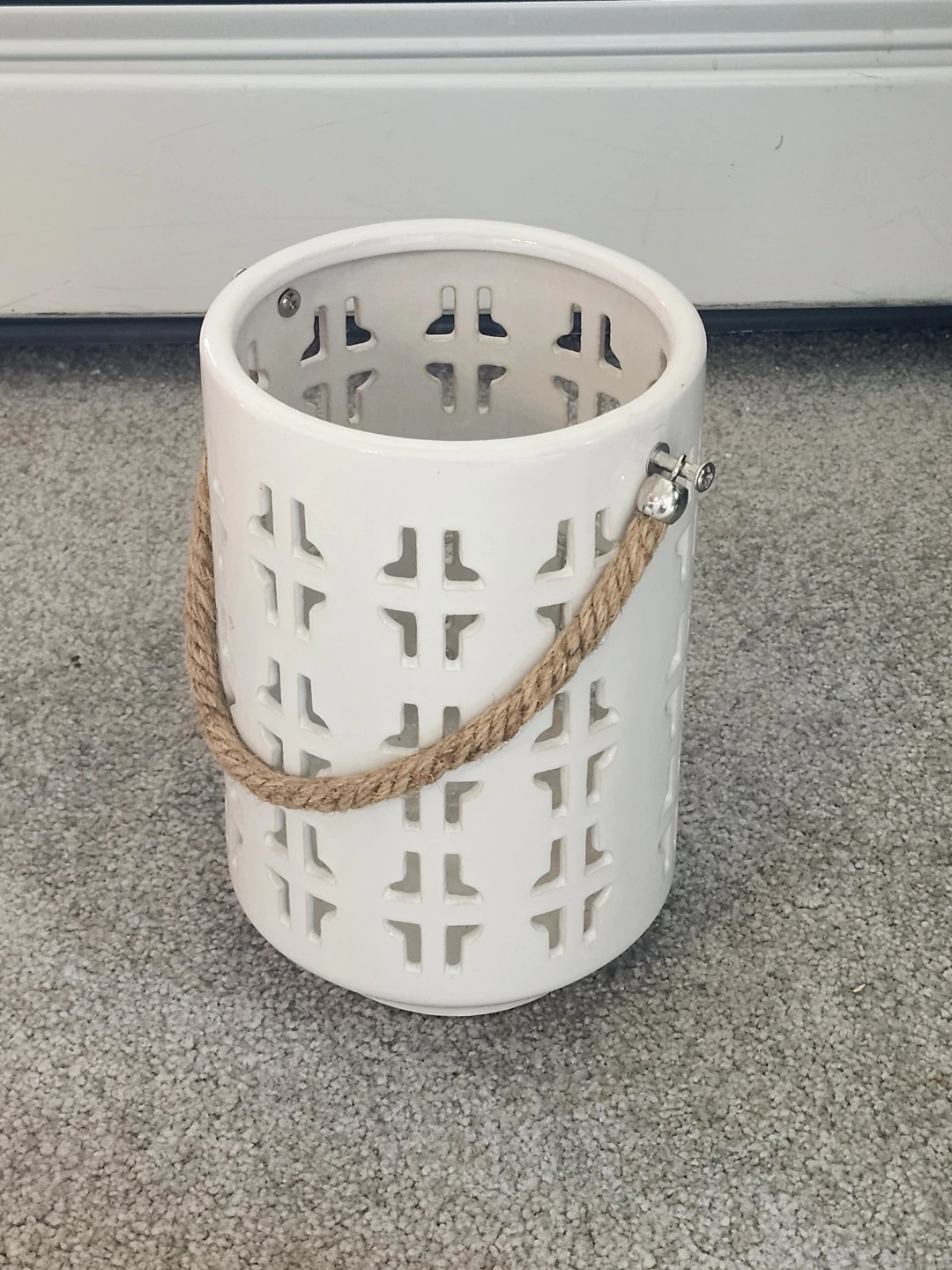 White Ceramic Lantern with Rope Handle