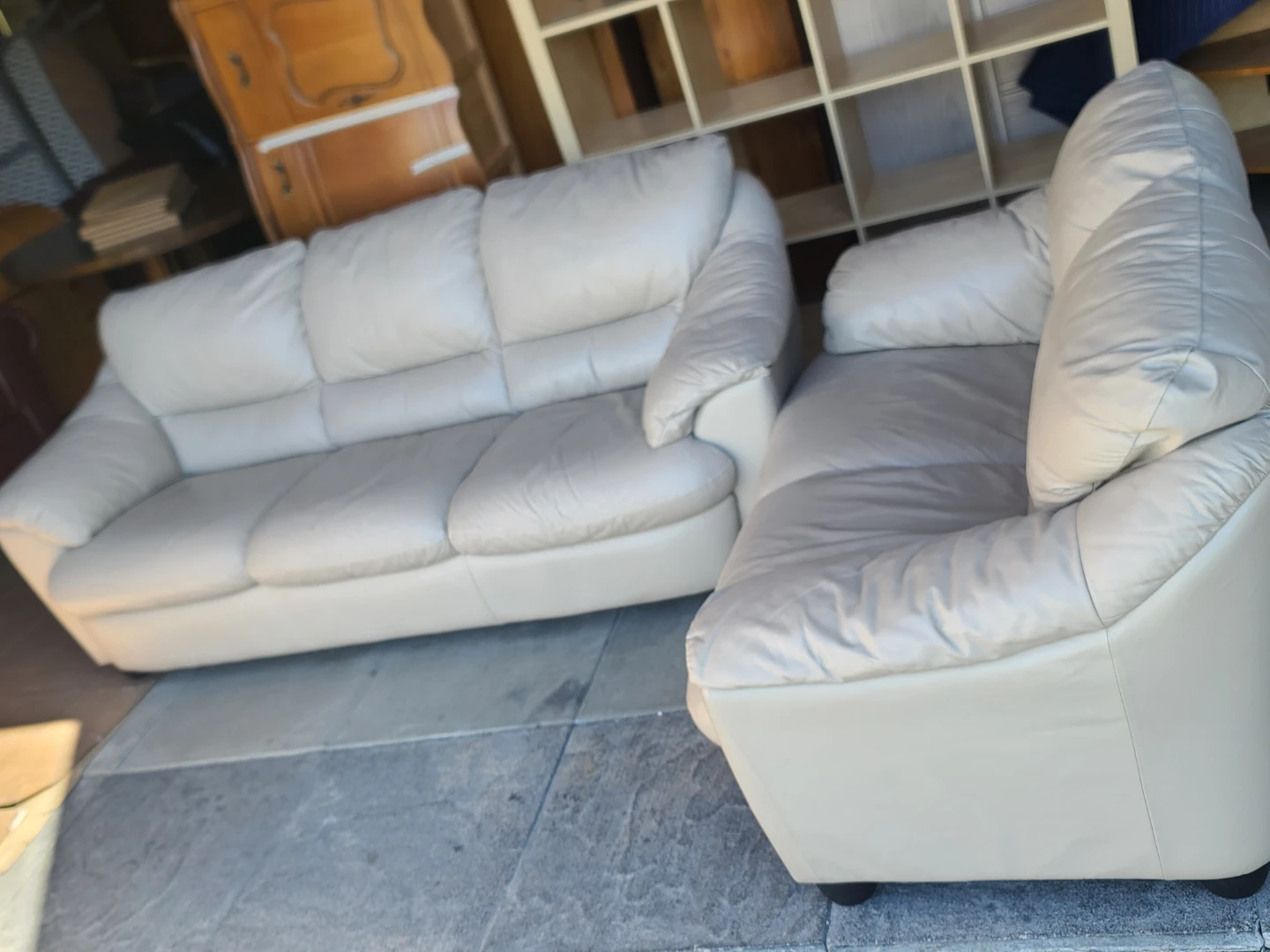 Cream Leather Sofa and Loveseat Set