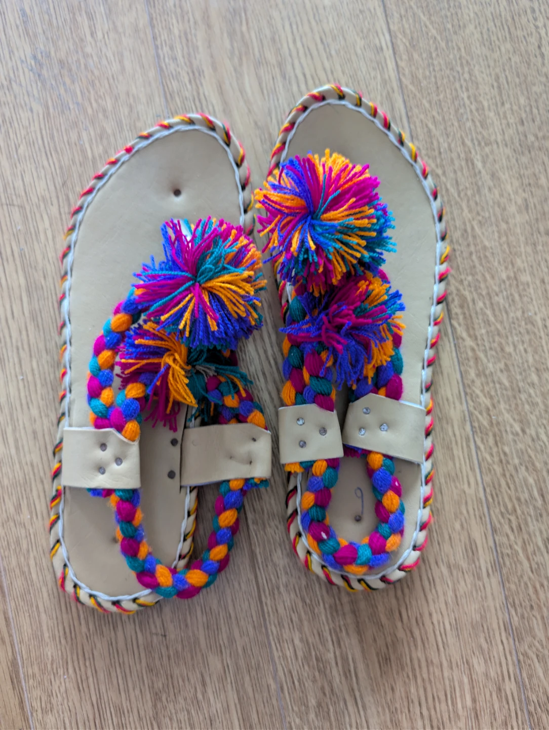Handmade leather Sandals with Pom Poms