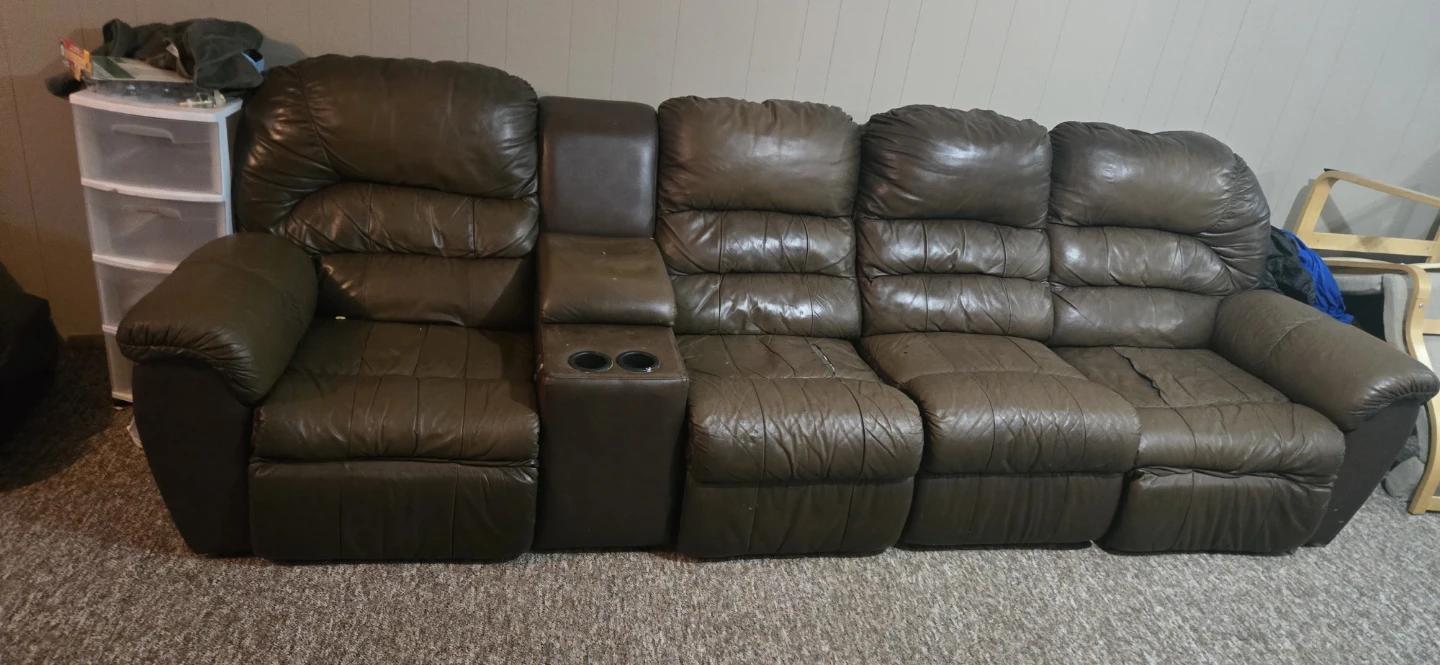 Brown Leather Loveseat Recliner with Console