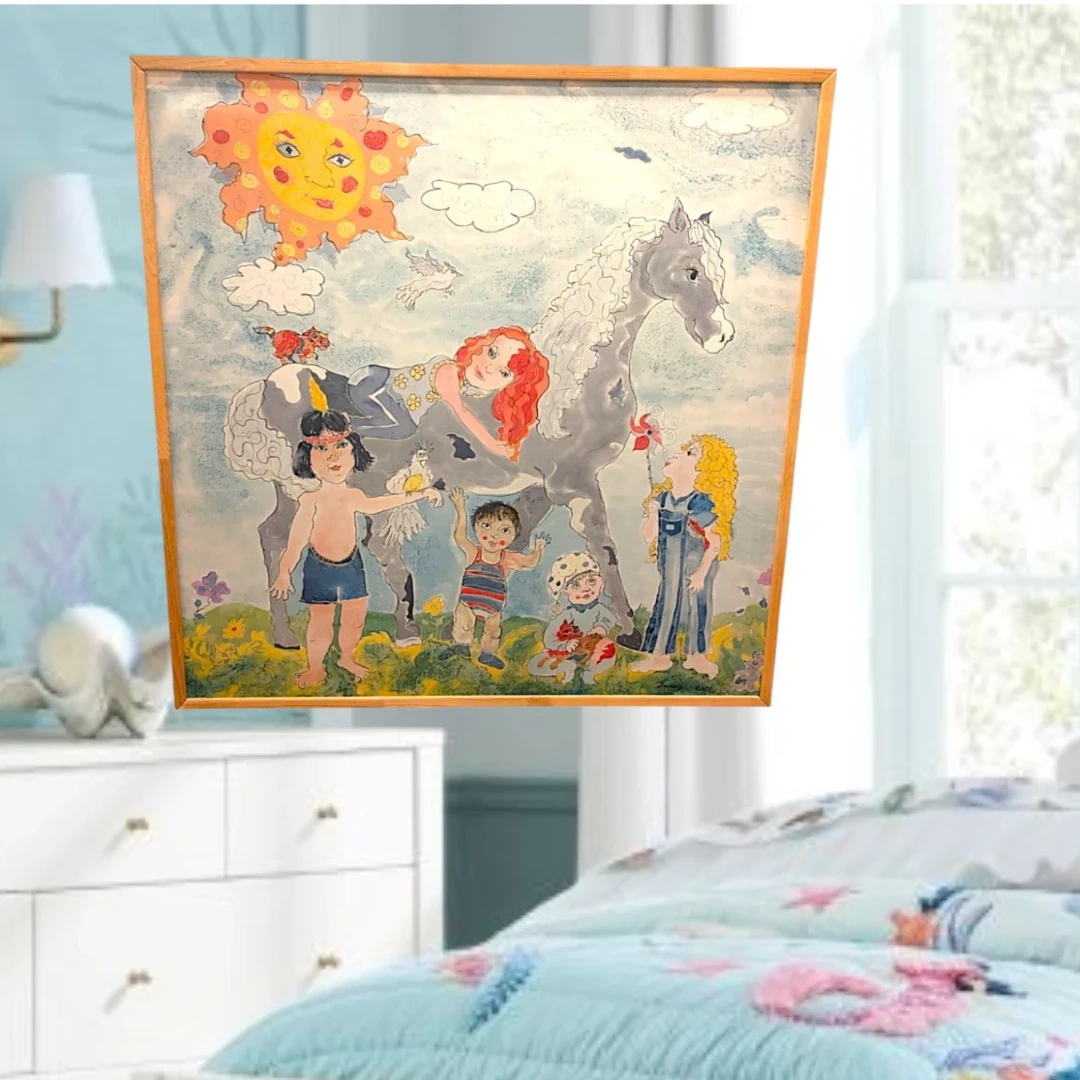 Extra large hand-painted silk "Children and Horse in the Garden. - photo 3