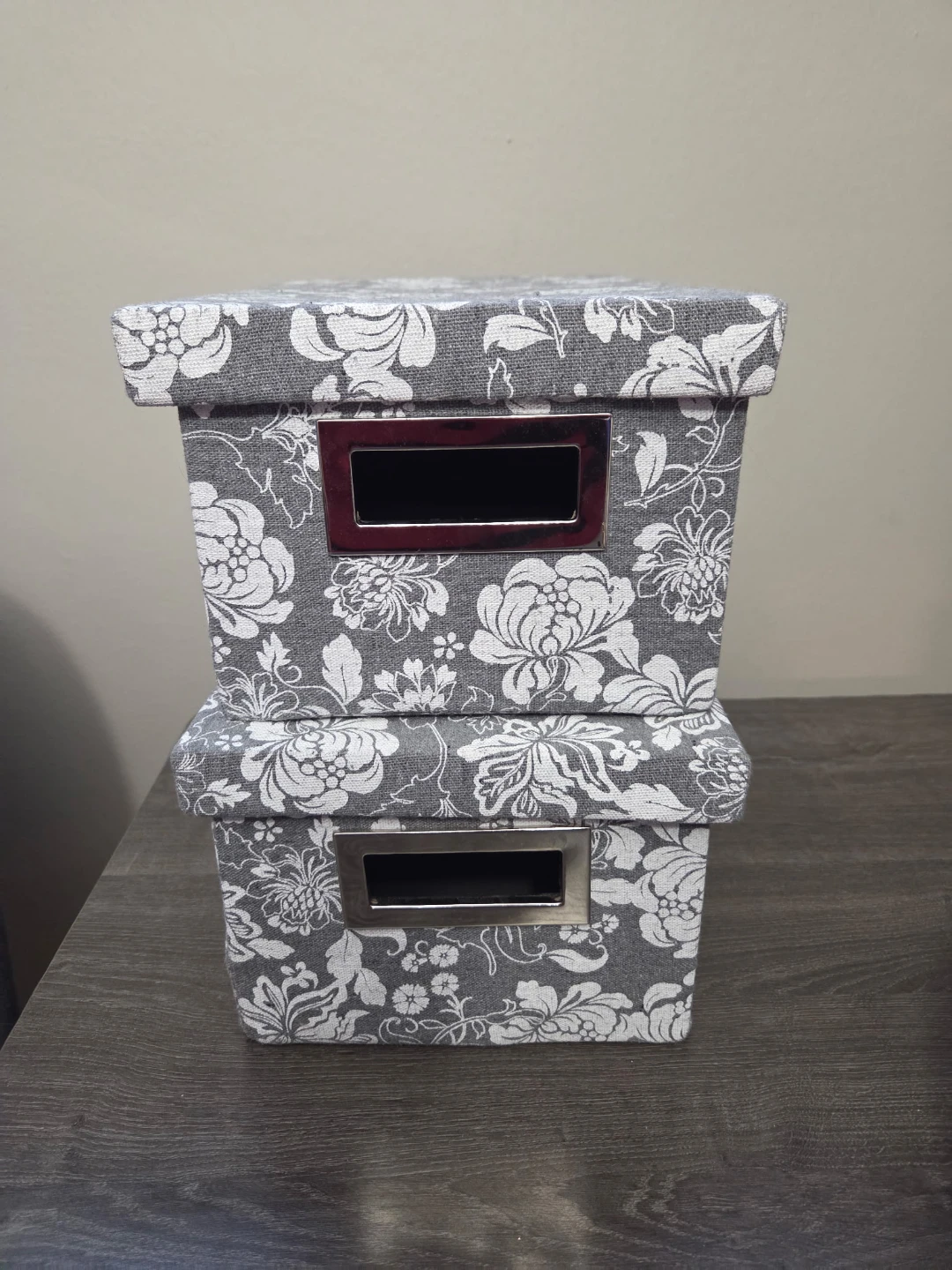 Set of 2 Grey Floral Storage Bins with Labels - photo 2