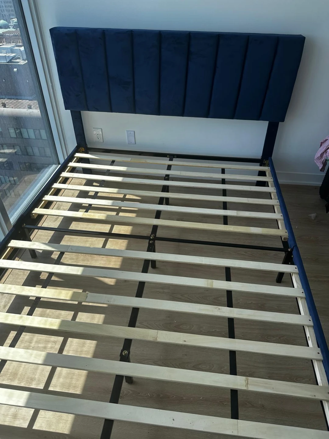 Blue Velvet Bed Frame with Padded Headboard