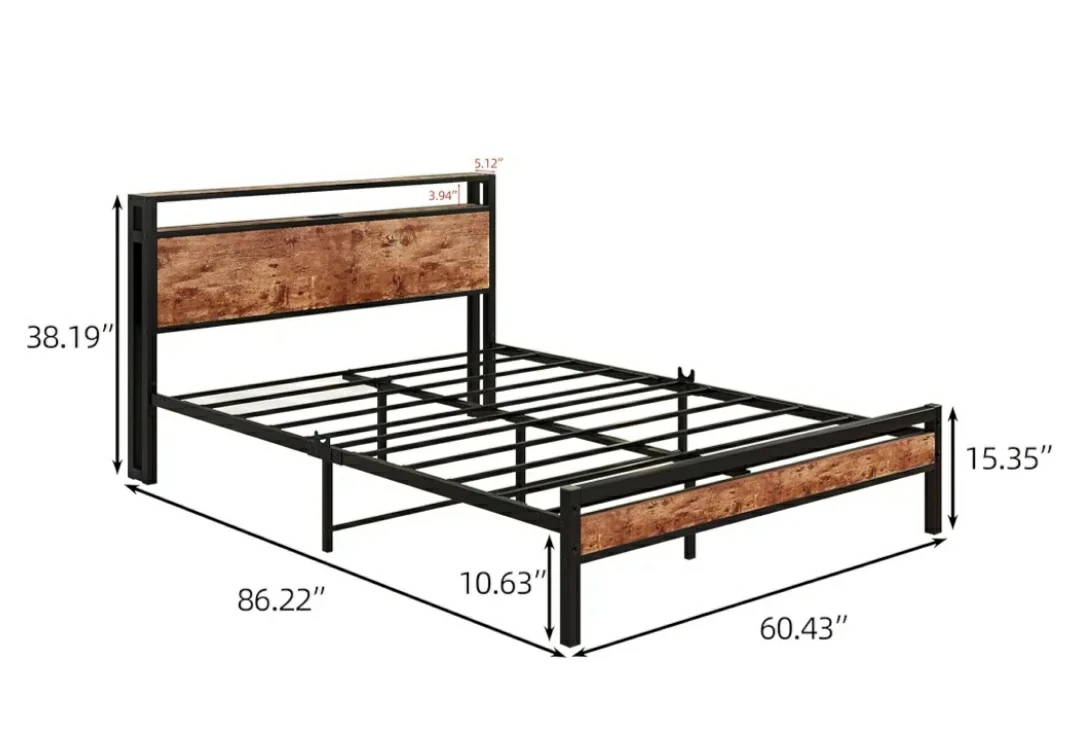 Industrial Style Metal Bed Frame with Wood Accents