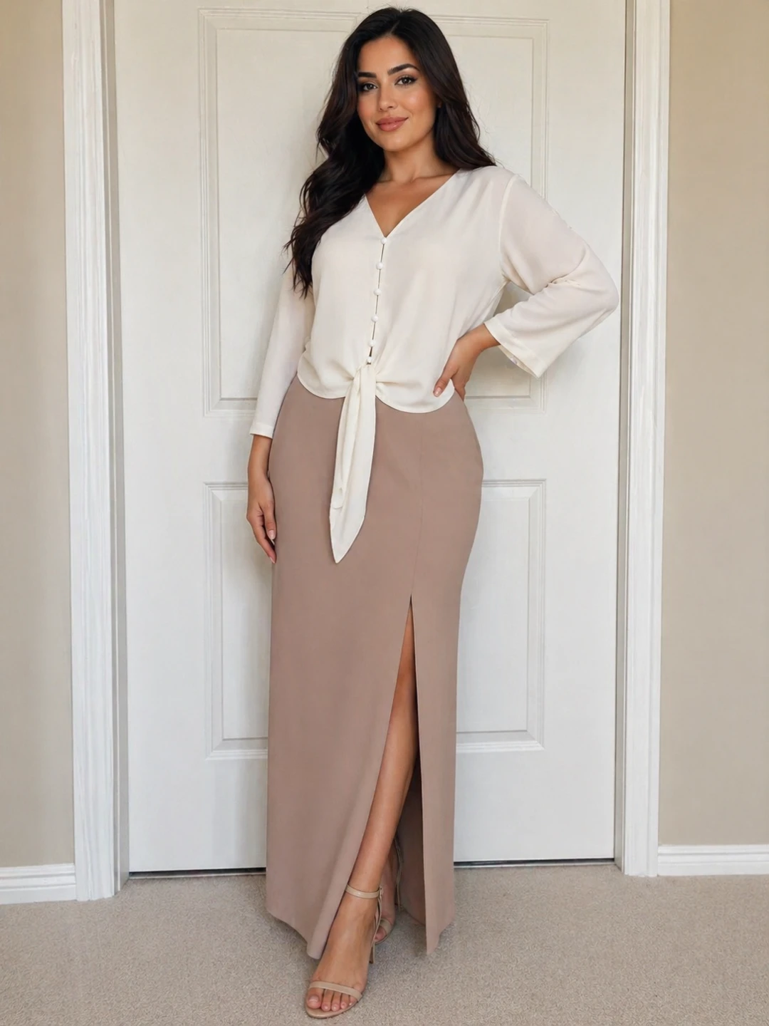 White V-Neck Tie Front Blouse & Taupe Maxi Skirt Set