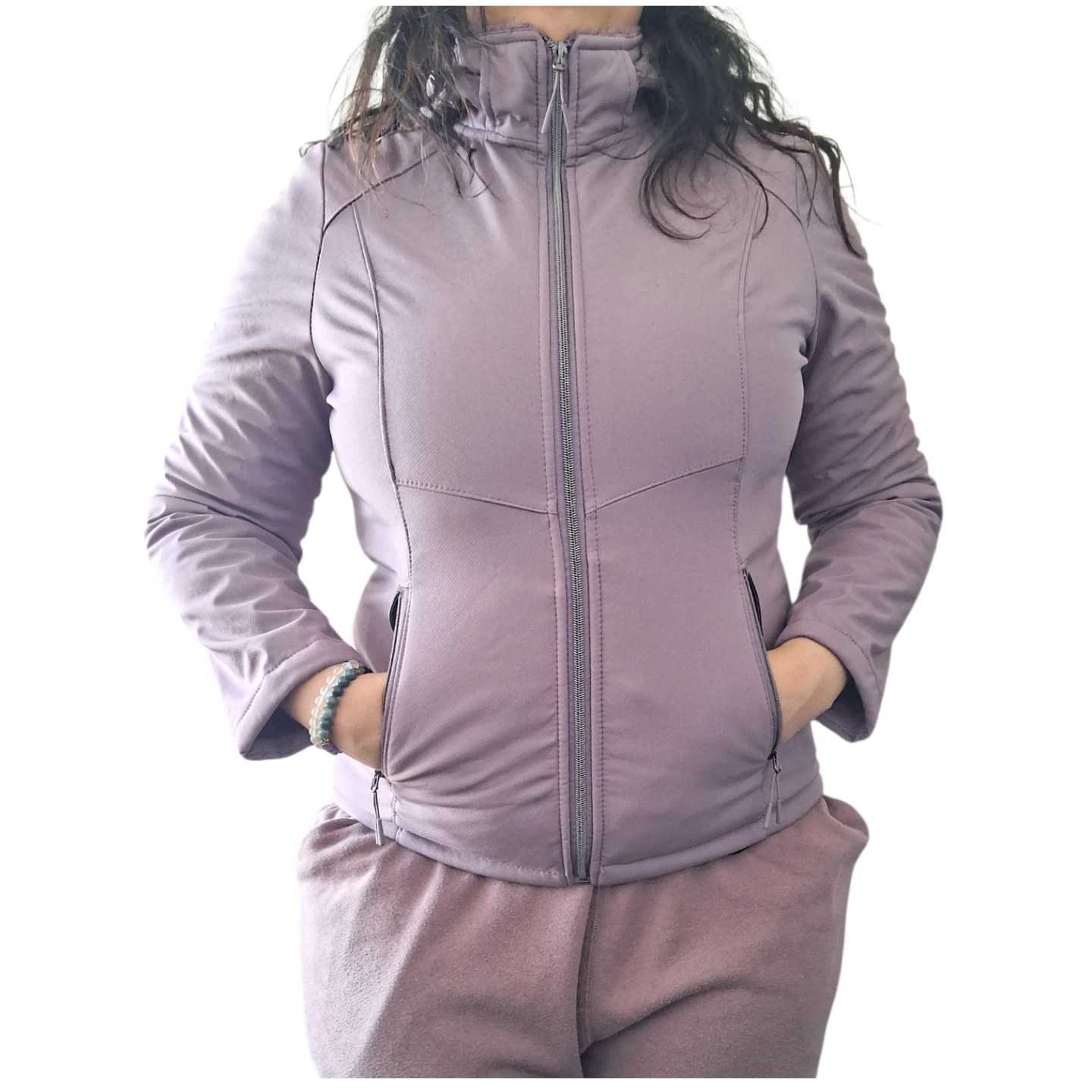 Sherpa Lined Hooded Zip Up Jacket - Purple/Mauve - L/G