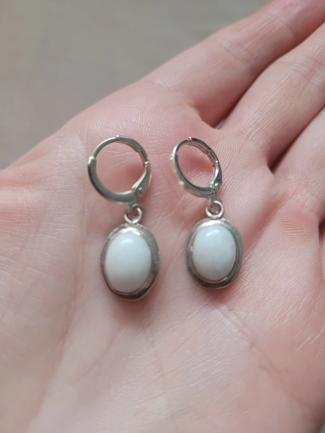 Silver earrings with natural White Jade stone