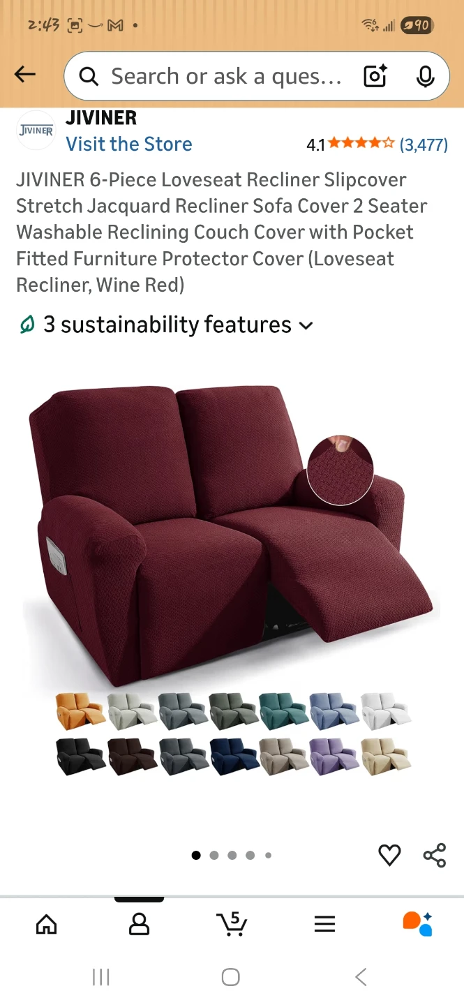 JIVINER 6-Piece Loveseat Recliner Slipcover - Wine Red