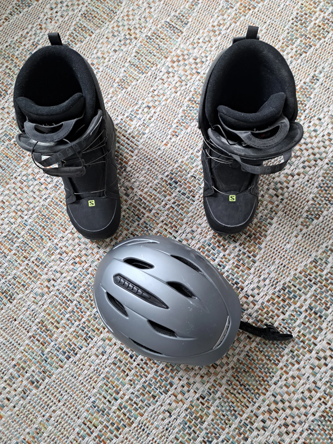 Salomon Snowboard Boots and Silver Helmet