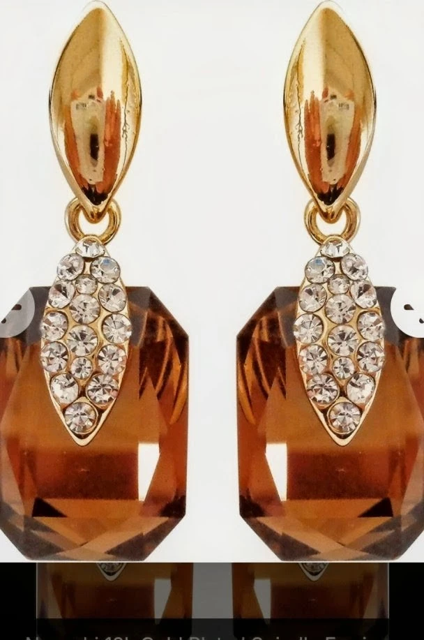 Gold-Plated Brown Crystal Dangle Earrings - photo 2