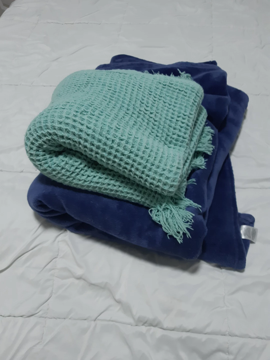 Two Fleece and Waffle Knit Throws - Blue and Mint Green