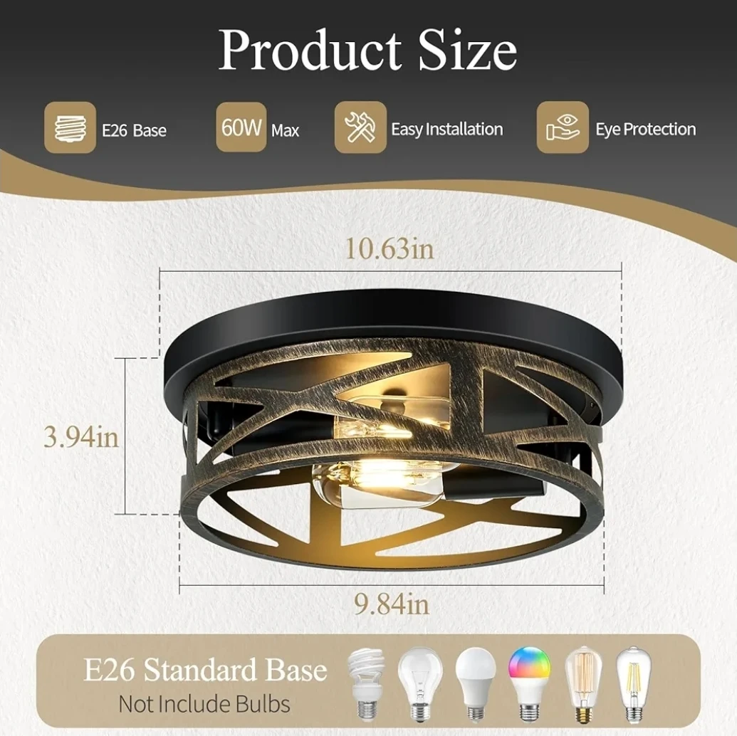 Flush Mount Ceiling Light - Rustic Metal Black, 10.7 inch - photo 2