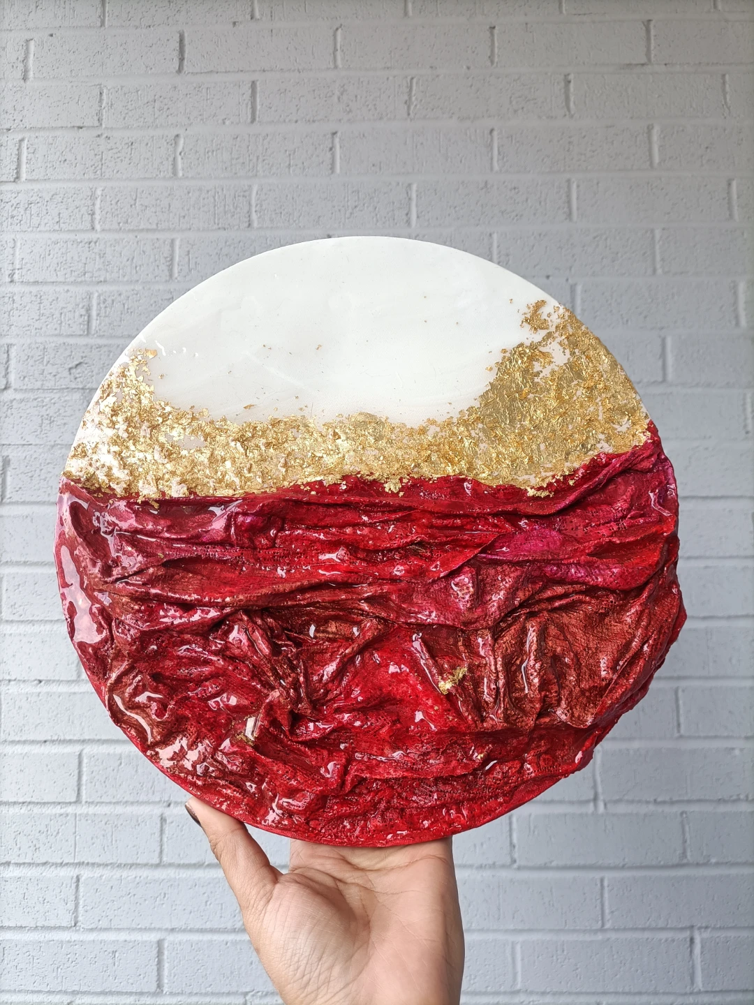 Circular Mixed Media Wall Art - Red Fabric texture