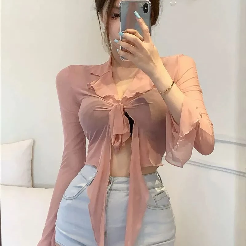 Sheer Pink Tie-Front Long Sleeve Top - photo 2