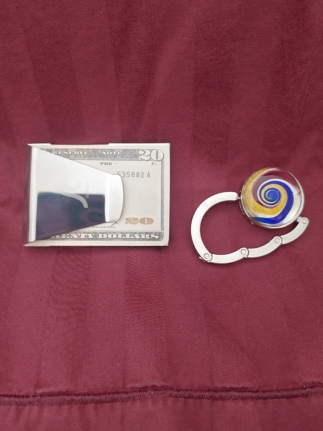 Silver Money Clip & Swirl Design Bag Hanger
