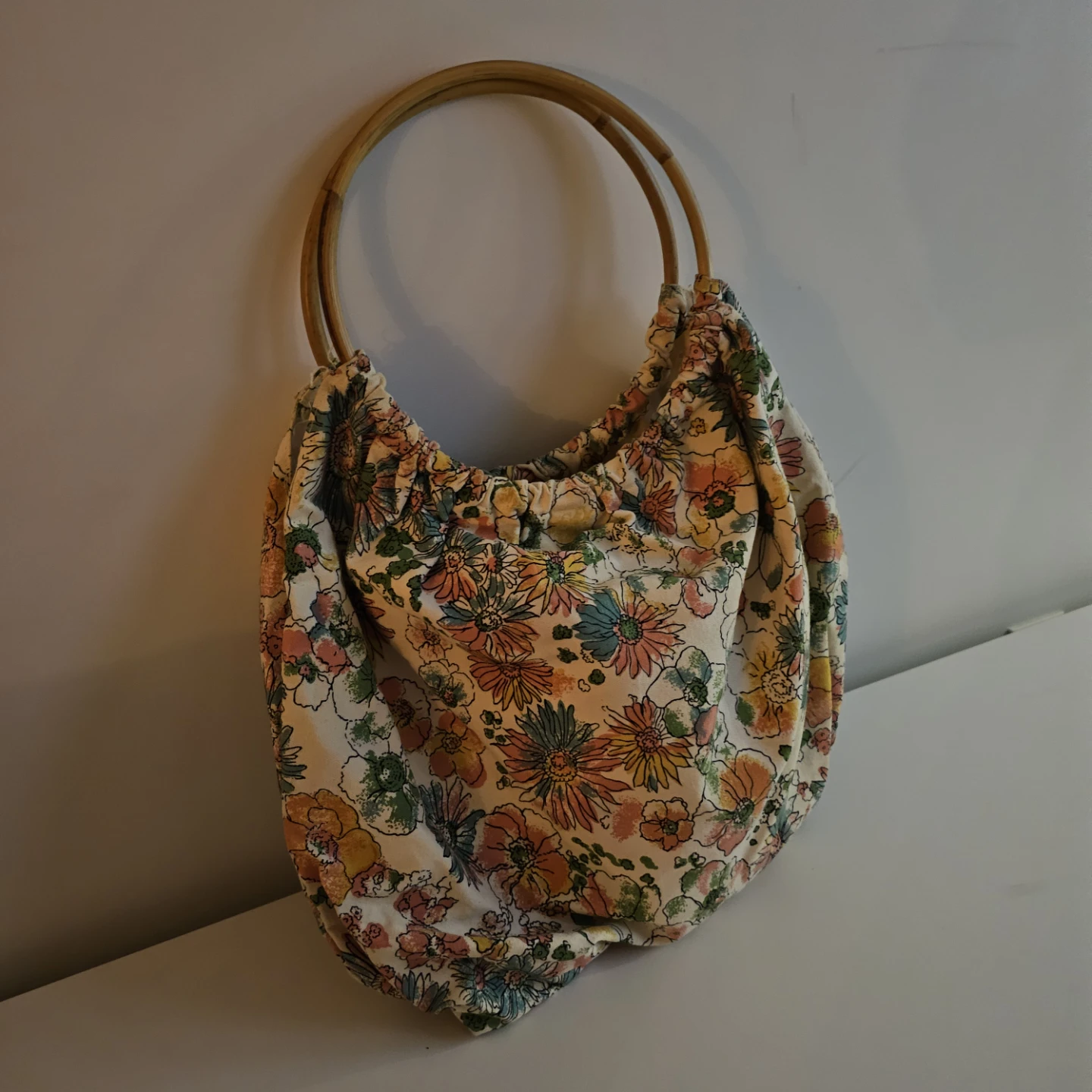 Floral Fabric Tote Bag with Bamboo Handles