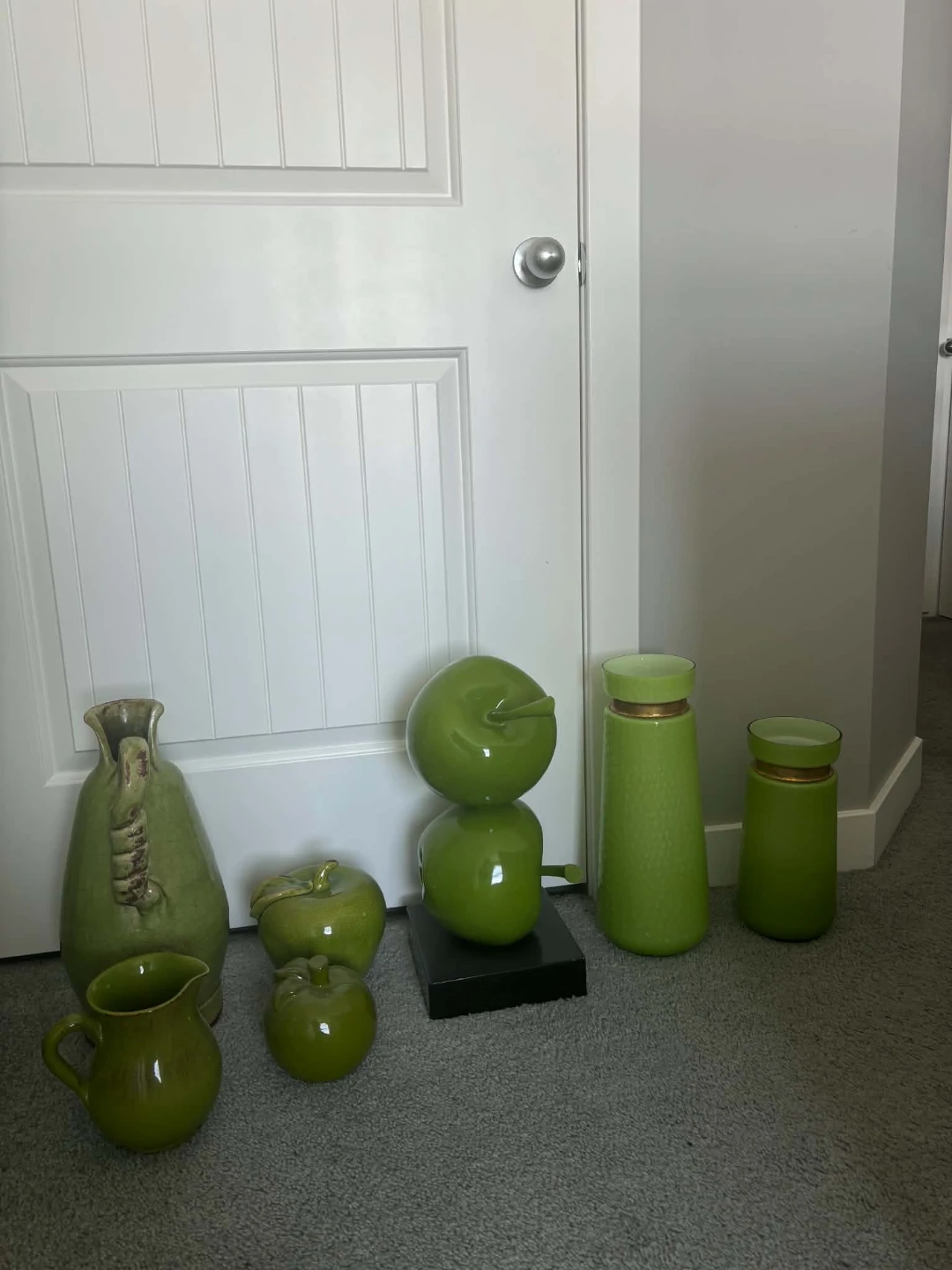 Set of Decorative Green Vases and Apple Sculptures