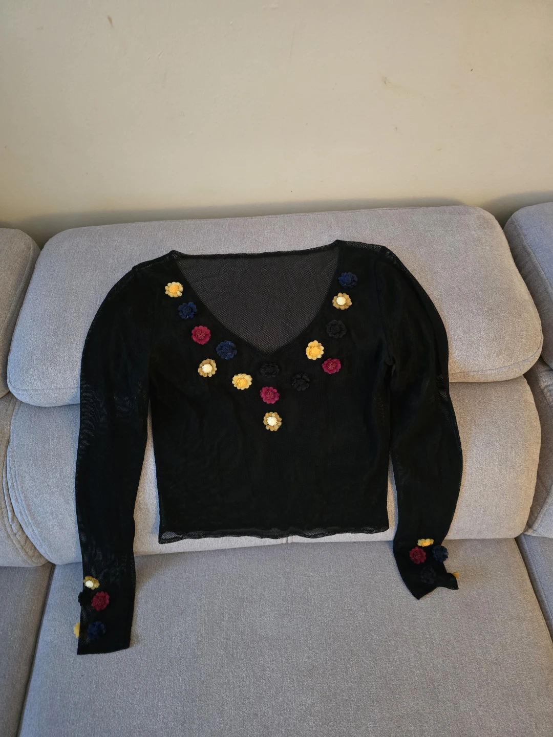 Black Mesh Top with Floral Appliqués
