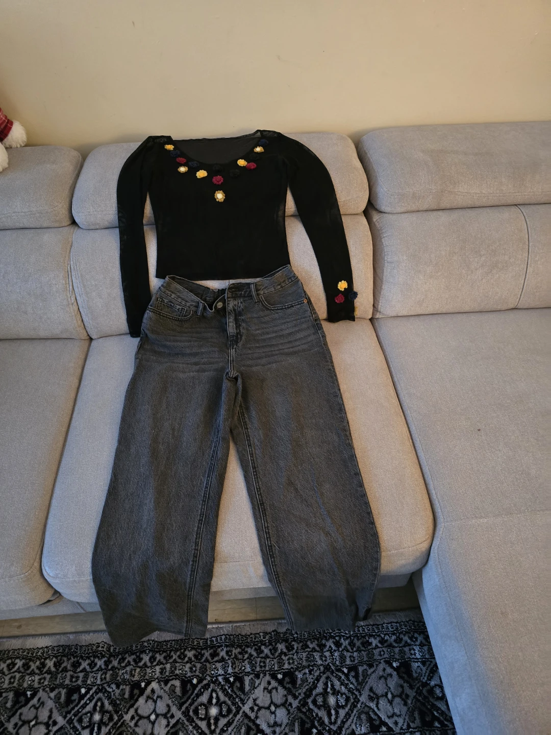 Black Mesh Top with Floral Appliqués - photo 3