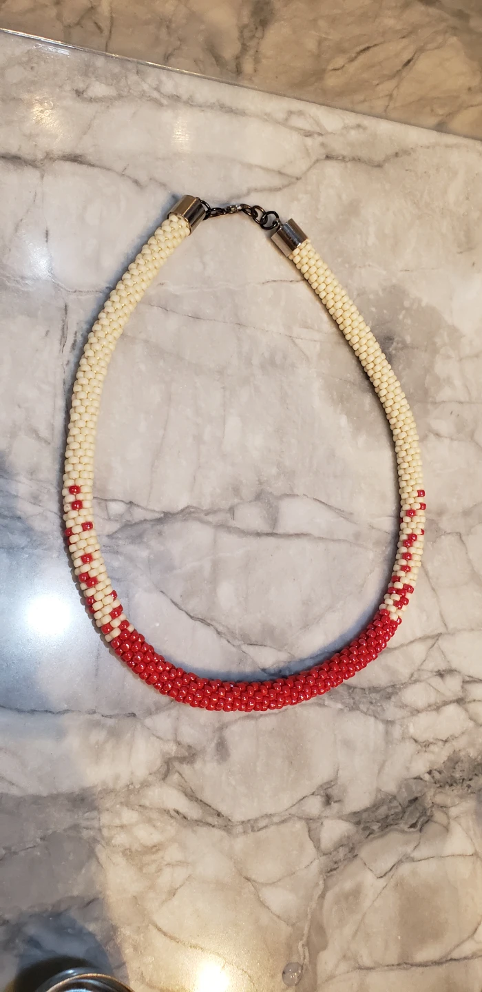 One of a Kind Beaded Necklace - Matte Cream and Iridescent Pink