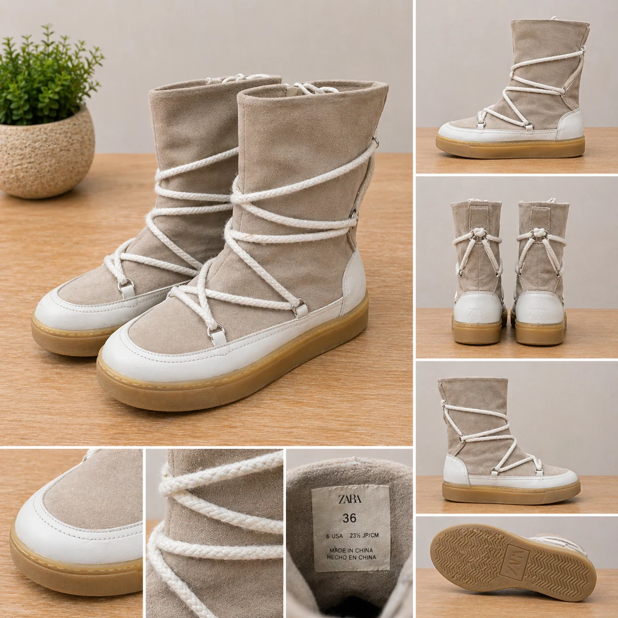 ZARA Women's Beige Suede Boots - Size 36