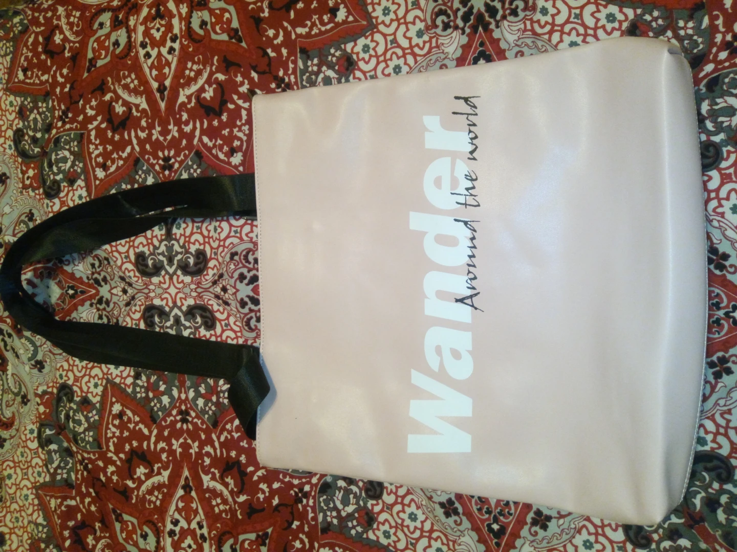 Light Pink Tote Bag with "Wander Around the World" Text