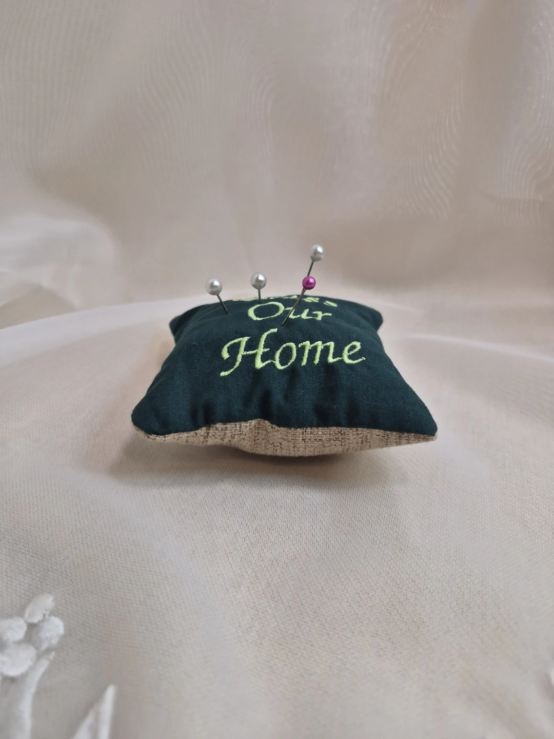 So Cute Handmade Pin Cushion with Embroidered Bless Our Home - photo 2