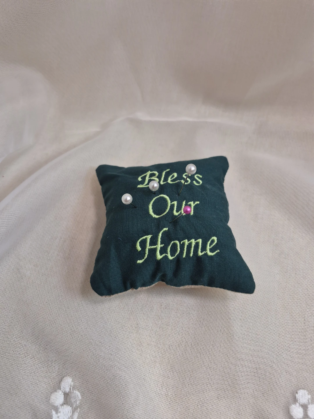 So Cute Handmade Pin Cushion with Embroidered Bless Our Home - photo 3