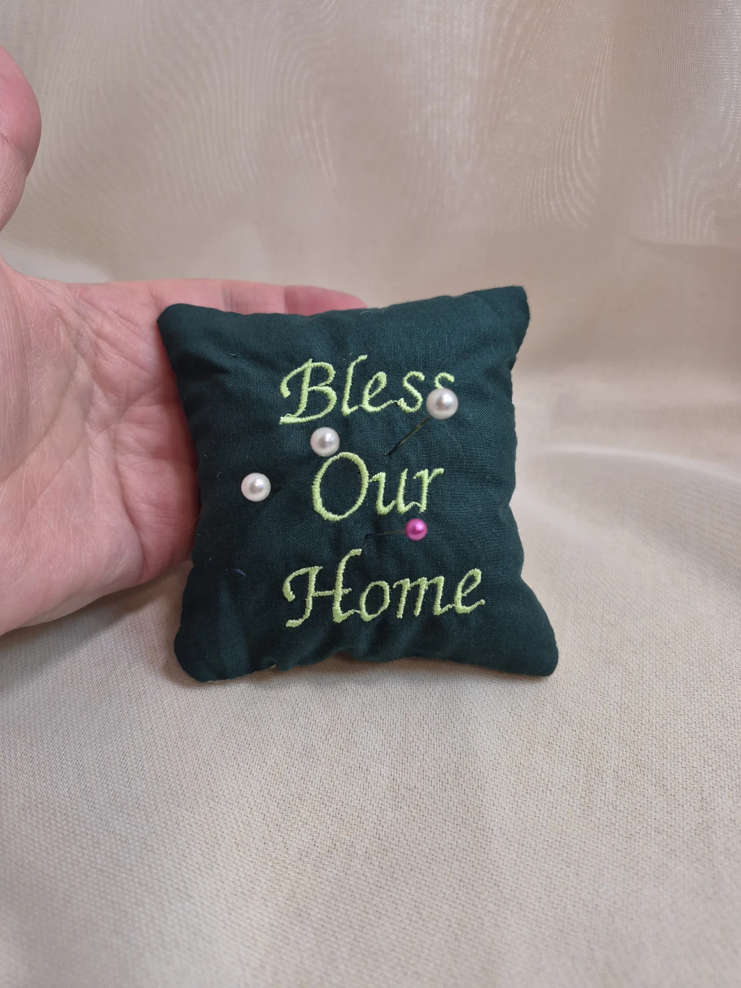So Cute Handmade Pin Cushion with Embroidered Bless Our Home - photo 5