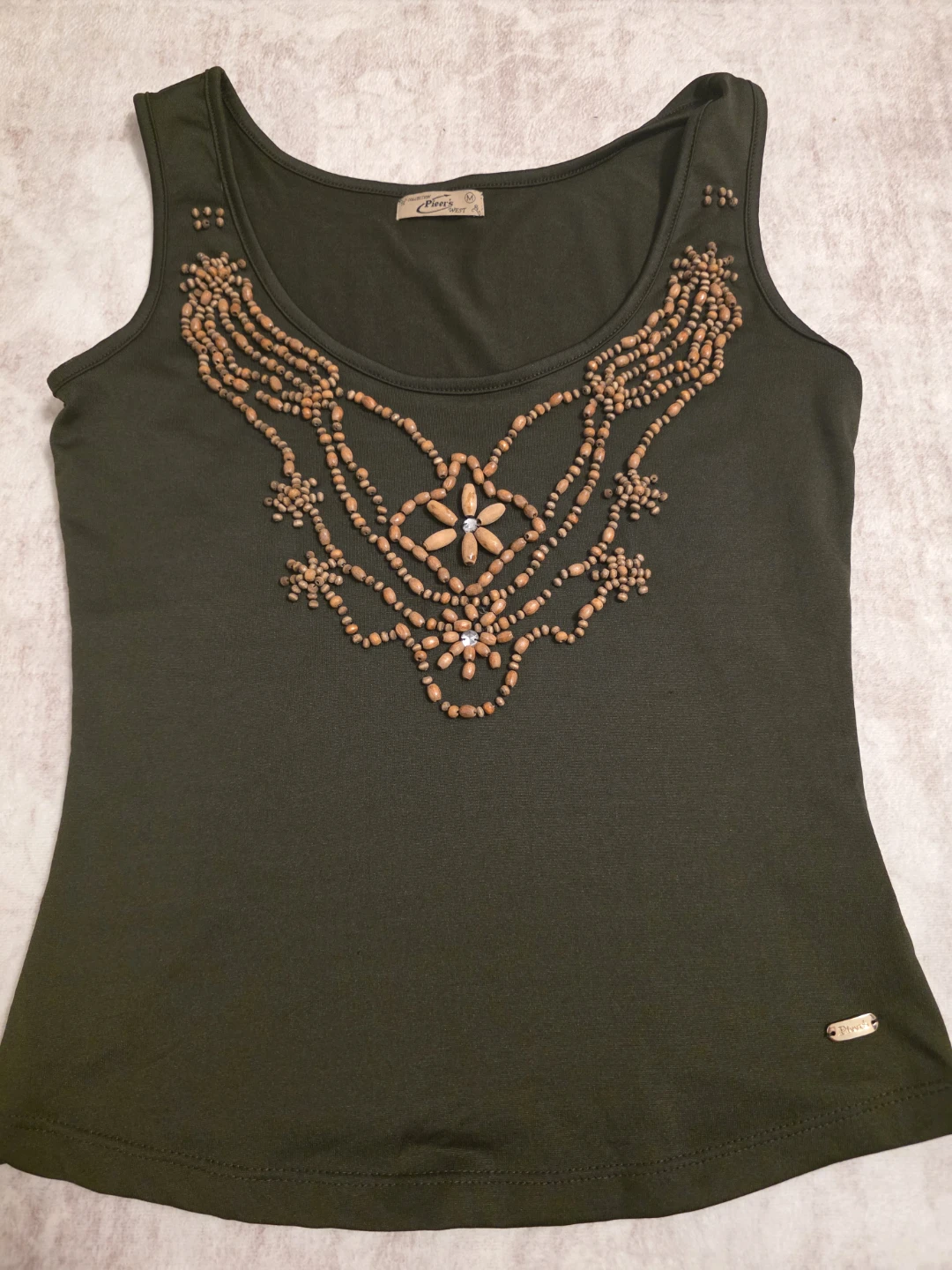 Moss Green Tank Top with Beaded Neckline