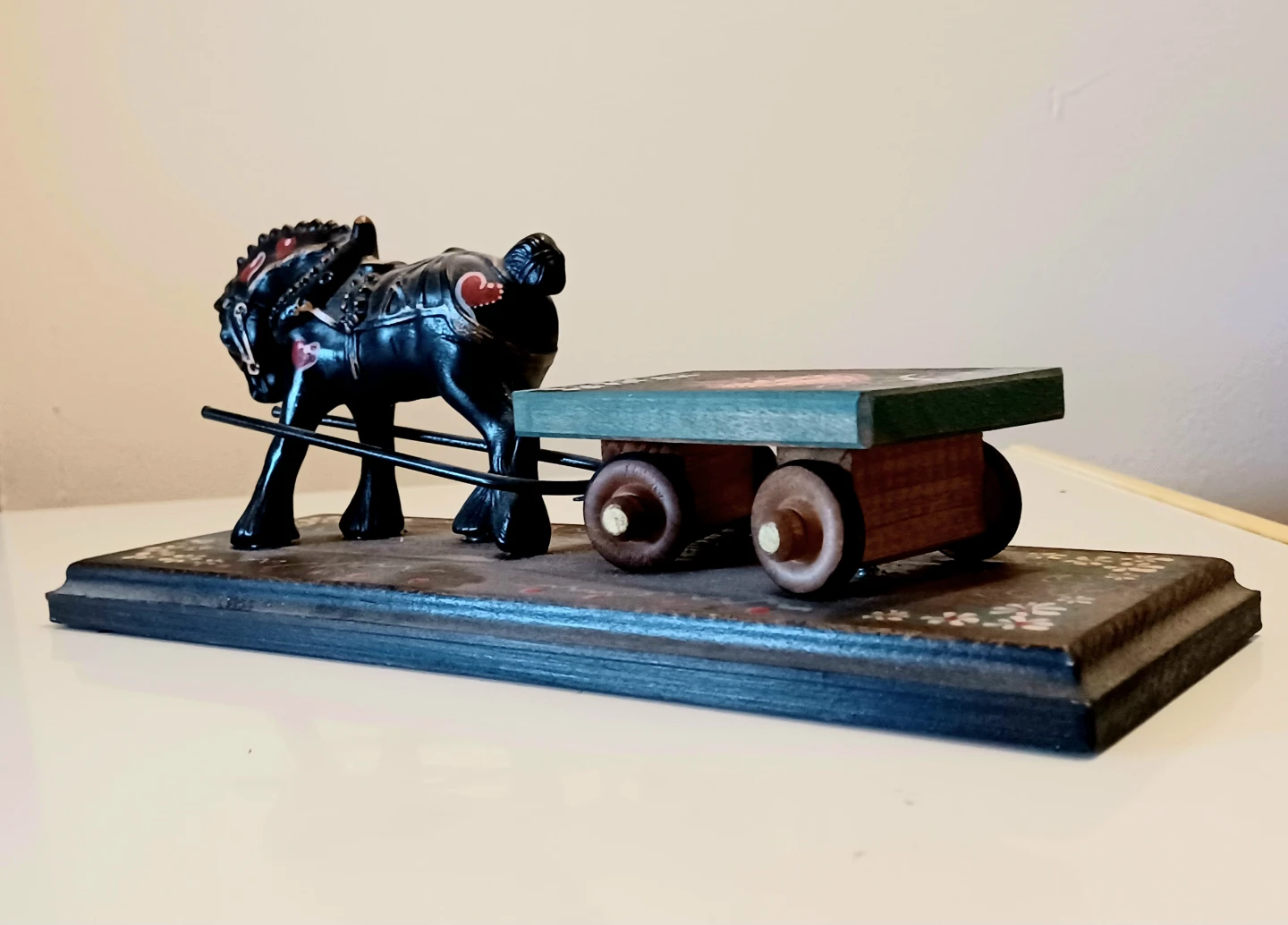 Unique Signed Artist Hand Crafted Wooden Horse Cart Sculpture - photo 3