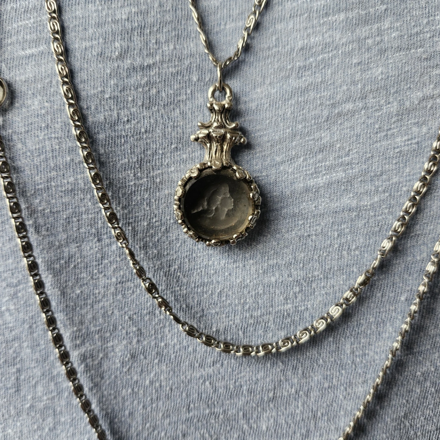 Layered Silver-Tone Necklace with Cameo Pendant - photo 2