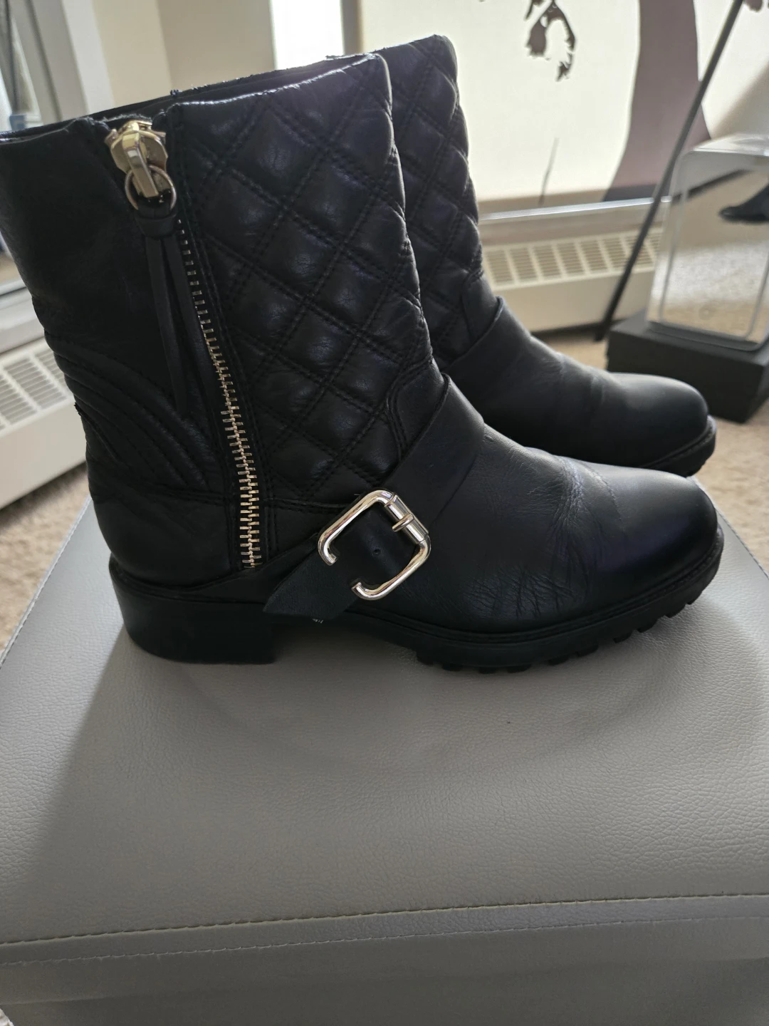 Black Leather Quilted Moto Boots