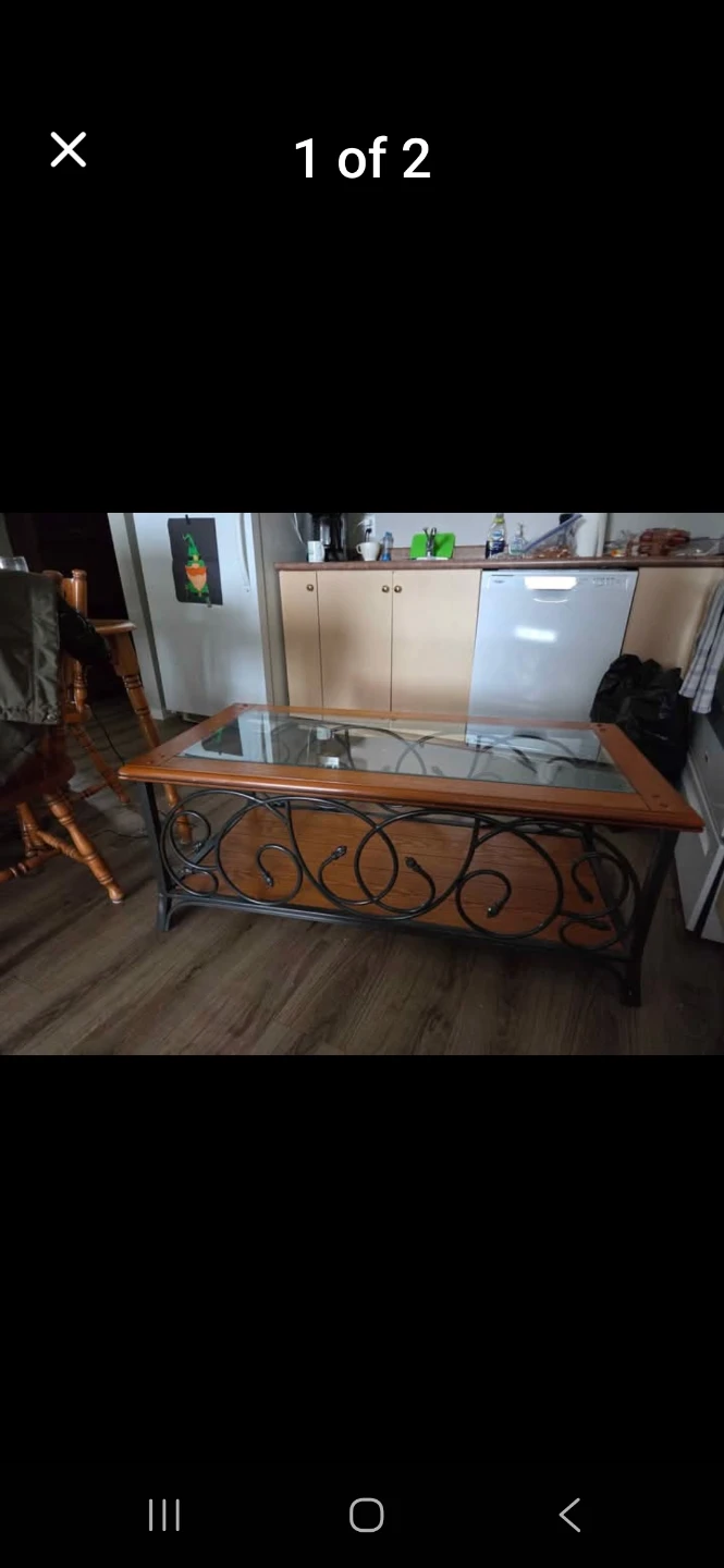 Wooden coffee table with glass top and metal accents - photo 2