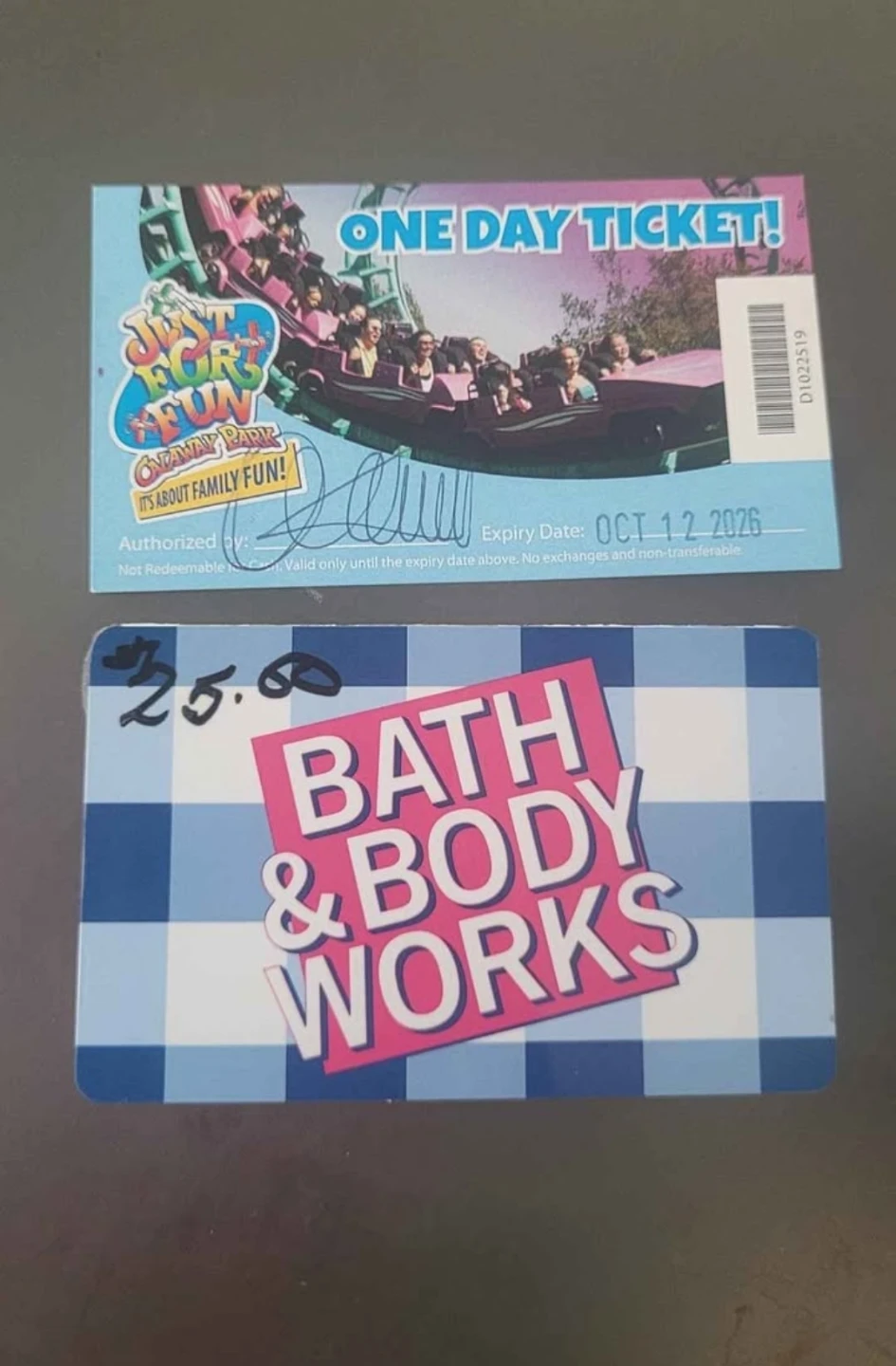 Calaway park ticket and Bath & Body works gift card