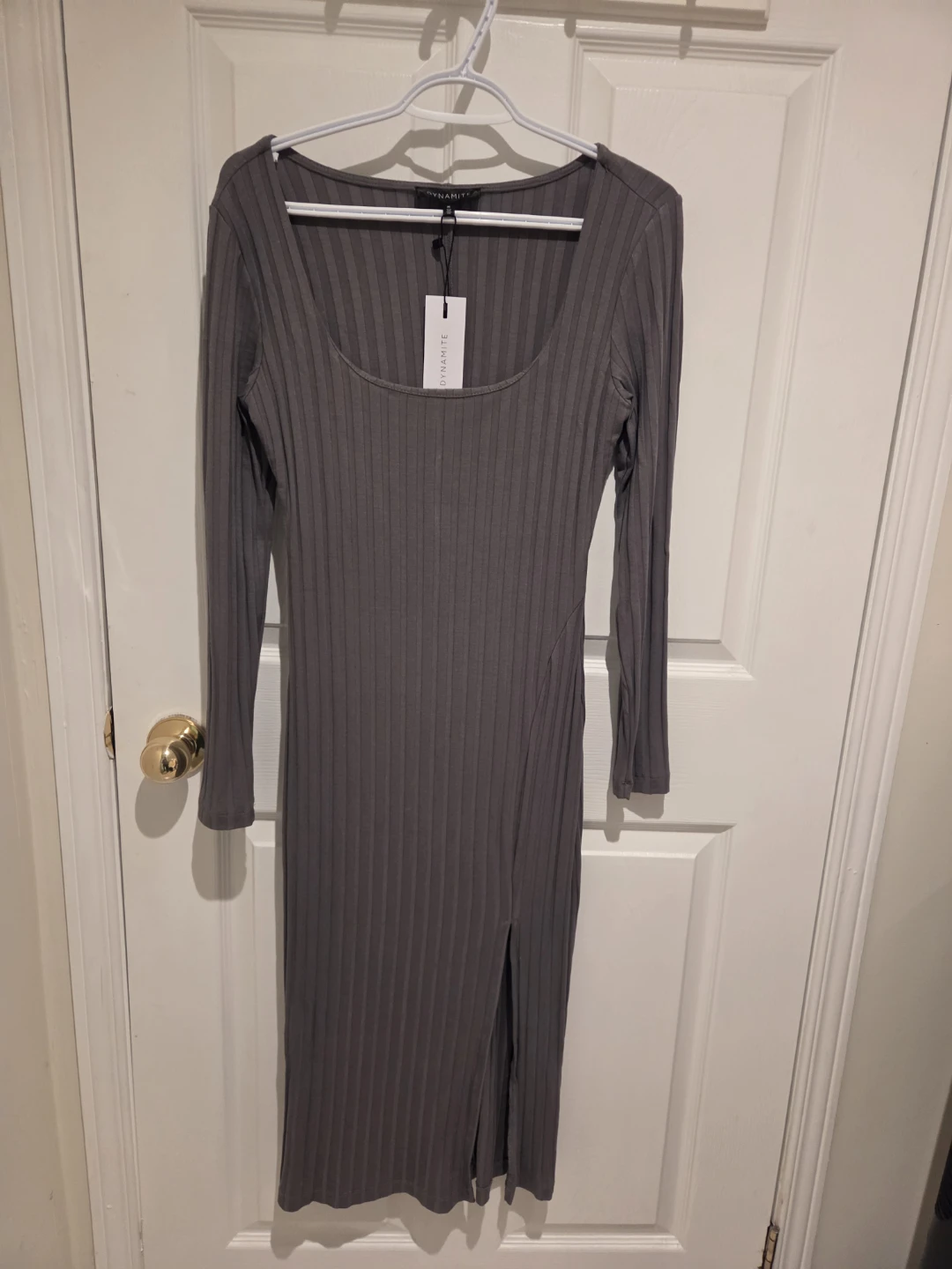 Dynamite Grey Ribbed Long Sleeve Midi Dress - Size M