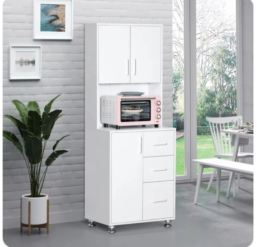 White Kitchen Storage Cabinet with Hutch and Drawers