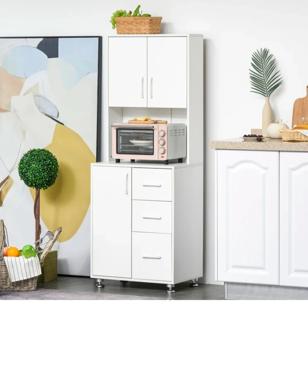 White Kitchen Storage Cabinet with Hutch and Drawers - photo 3
