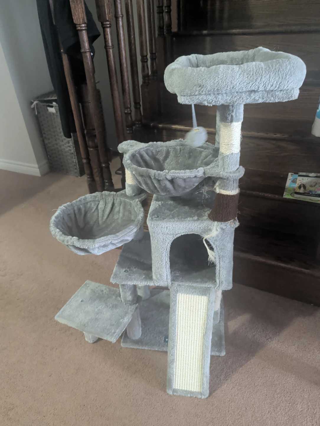 Grey Cat Tree Condo with Hammocks and Scratching Post