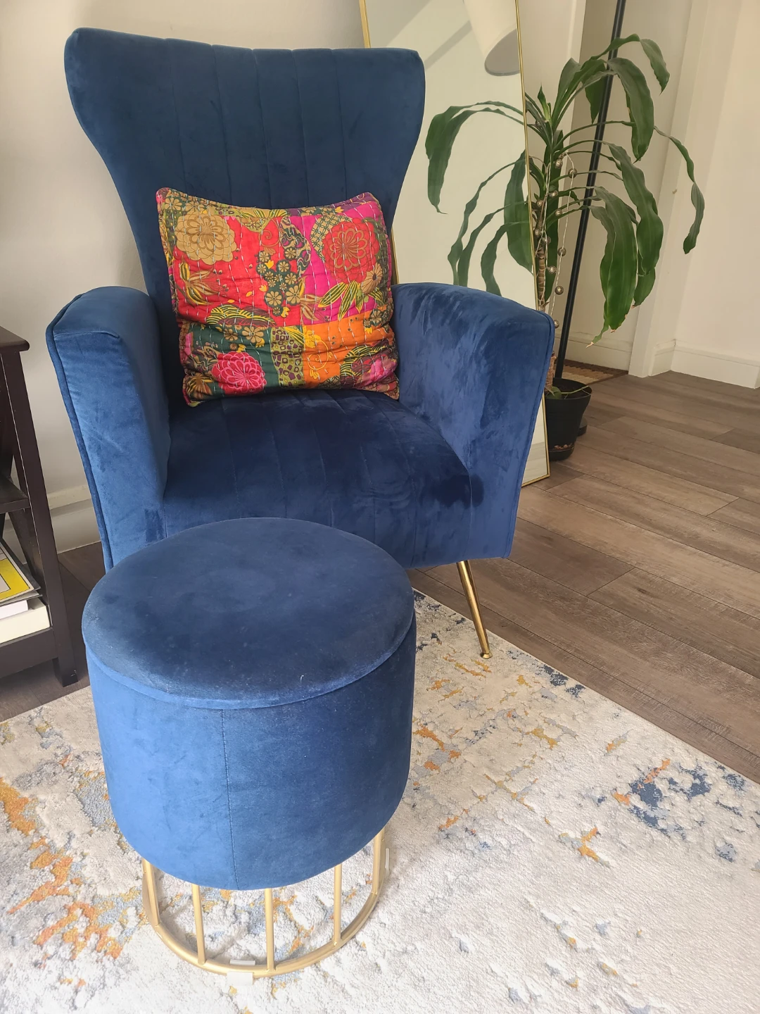SELL BY MAY 16 Blue Velvet Accent Chair with Storage Ottoman