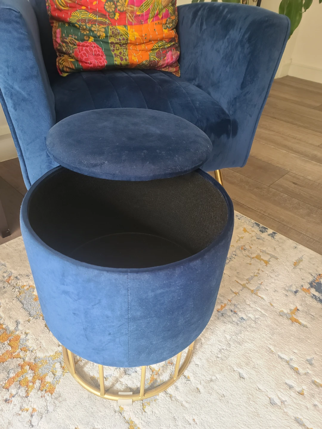 SELL BY MAY 16 Blue Velvet Accent Chair with Storage Ottoman - photo 2