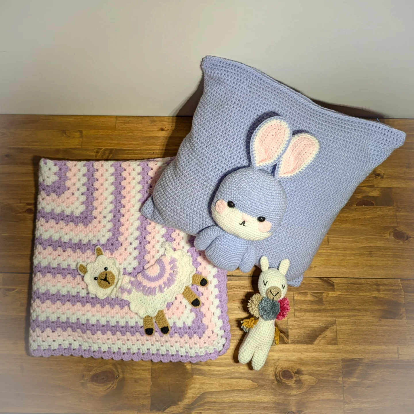 Handmade Crochet Bunny Pillow and Llama Blanket Set - photo 2