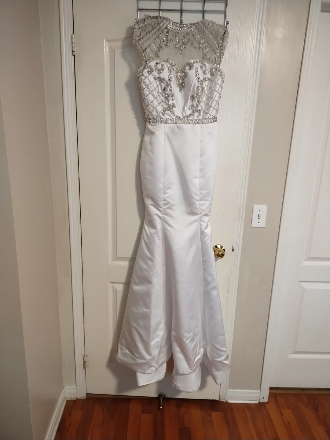 White Embellished simple satin wedding gown