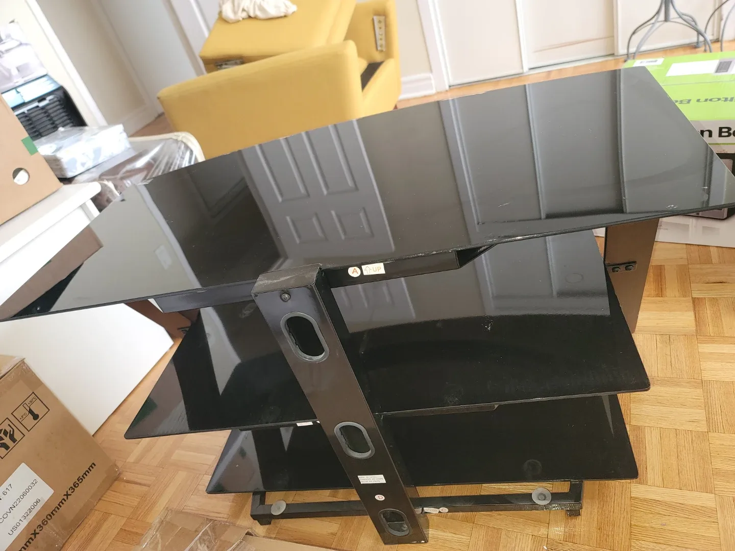 3-Tier Black Glass TV Stand with Wood Accents - photo 4
