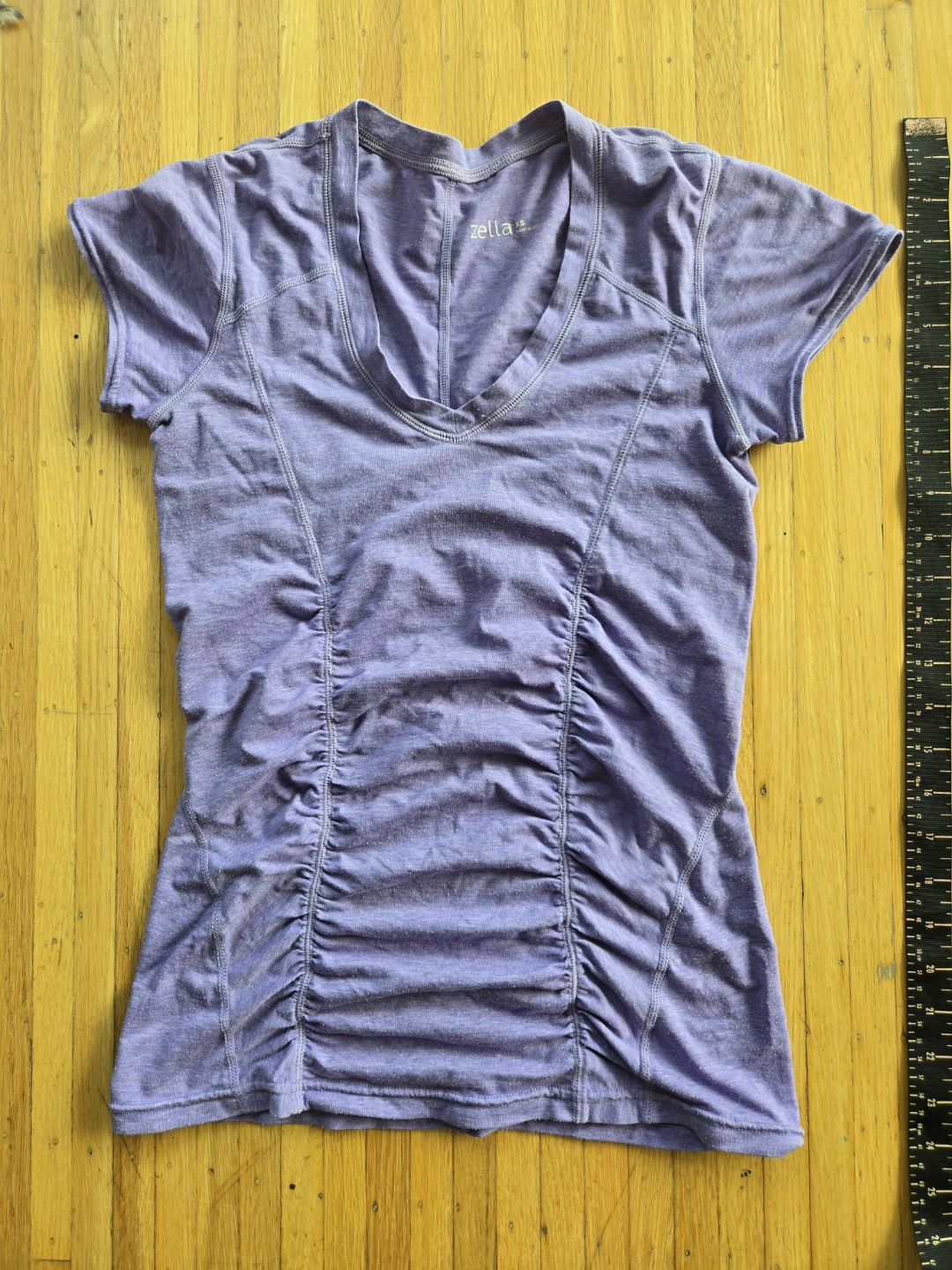 Zella Purple Ruched Short Sleeve V-Neck T-Shirt