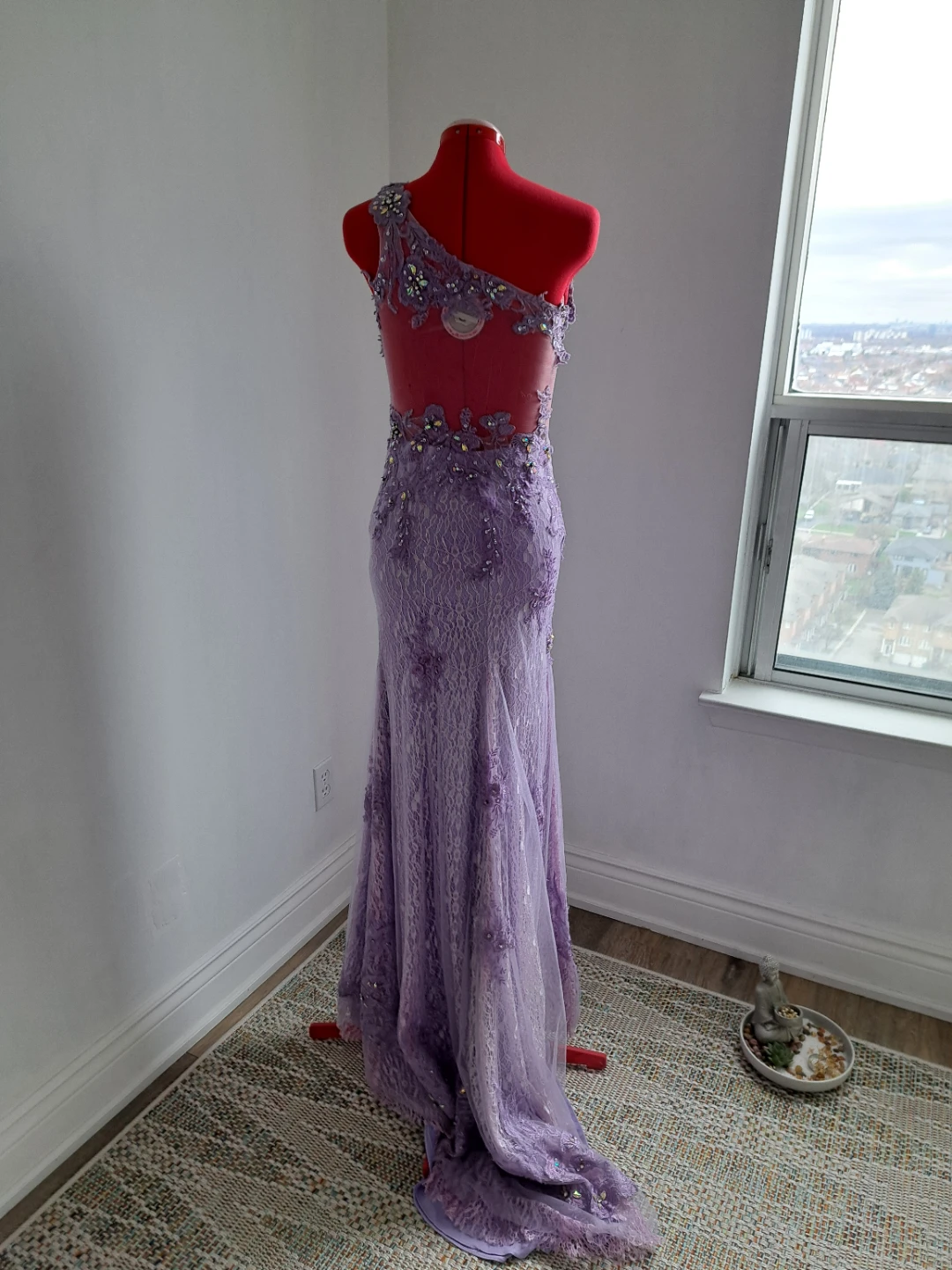Lavender Lace One-Shoulder Evening Gown