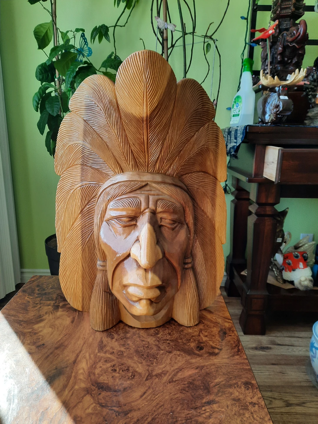 Large Carved Wooden Chief Head Sculpture